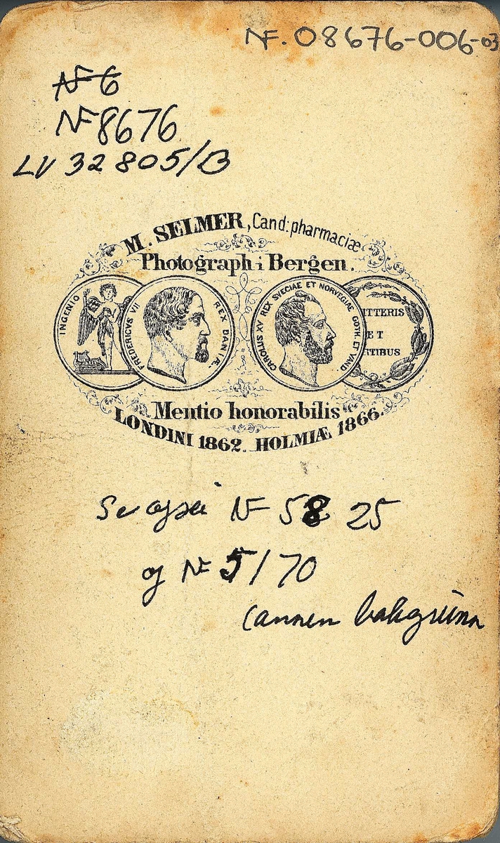 59. Pikedrakt, fra Lærdal. Portrett av  pike med sittende ved bord i fotoatelier med nøytral bakgrunn og mønstret gulvteppe. Håndkolorert.
Fra M. Selmers (1819-1900)
folkedraktserie "Norske Nationaldragter", (nr.59).