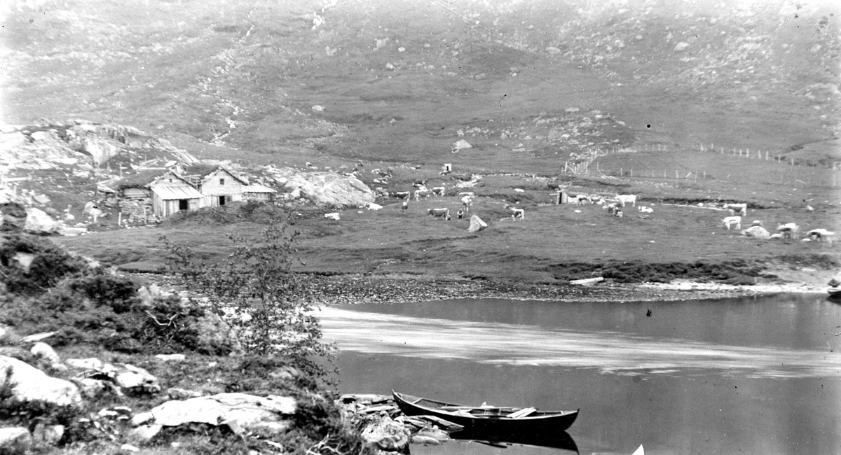 Støl til Seim ved Gullfjordningen i Voss.  Båt ligger på vannet.