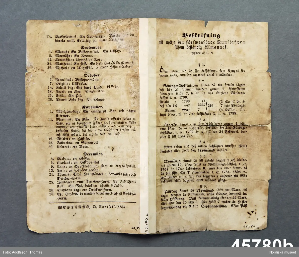 b) Instruktionsblad. Tryckt, frakturstil, 4 sidor (2 blad). några lagningar (trol. gjorda i museet). Titel: "Beskrivfning att nyttja den förswenskade runstafwn såsom beständig almanack. Utgifwen af C.N" (C. Norman). Innehåller beskrivning hur de försvenskade runstavarna skall tydas. Tryckt i Västerås av D. Torshell 1857.
/Leif Wallin 2011-12-02