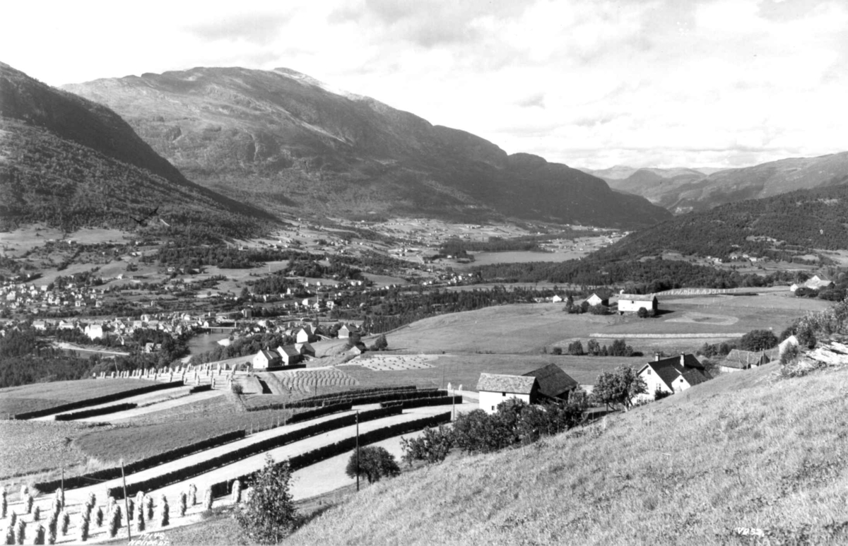 Voss 1939. Oversiktsbilde. Landskap med gårder, jorder og åkrer. Høyonn. Skog og fjell i bakgrunnen.