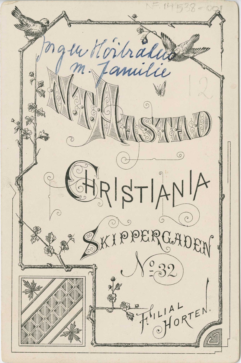 Barne- og voksendrakt, gruppebilde av familien Jørgen Høibråten, Oslo, 1887-89.
