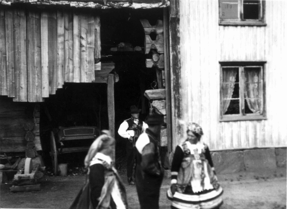 Bryllup, Valle, Setesdal, Aust-Agder, antatt 1924. Brud med flere foran våningshus. Fra "De Schreinerske samlinger" (skal oppgis).