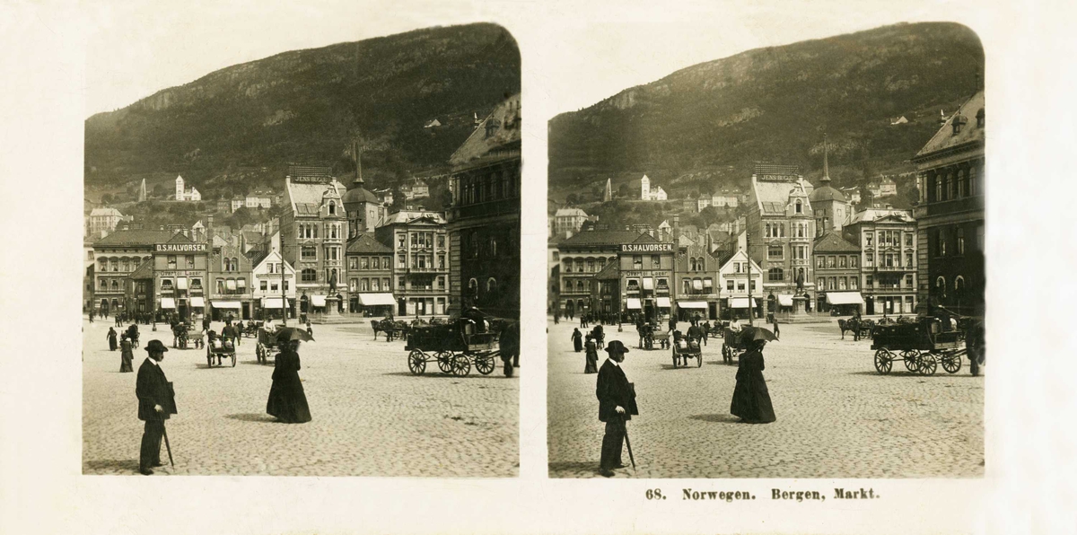 Stereoskopi. Gateliv på fisketorget i Bergen, Hordaland.