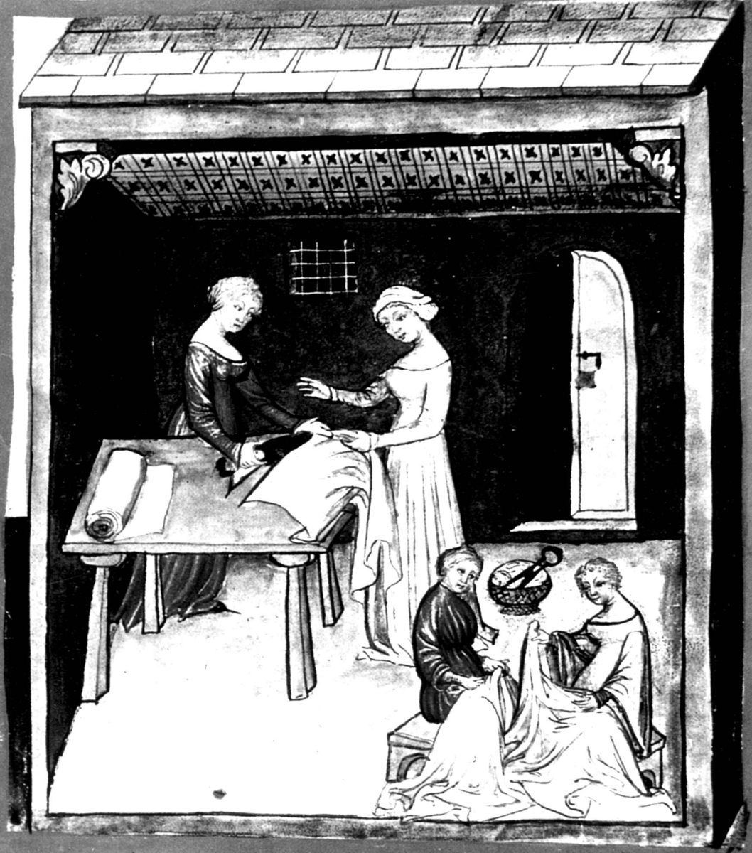Linbehandling. Fire kvinner kutter lintøy. Italia ca. 1385. Illustrasjon fra Sally Fox: The Medieval woman, an illuminated book of days.
