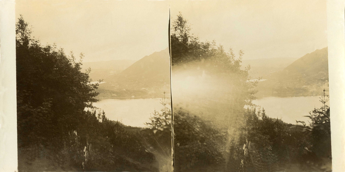 Stereoskopi. Utsikt fra Fløyveien i Bergen, Hordaland, juni 1907.