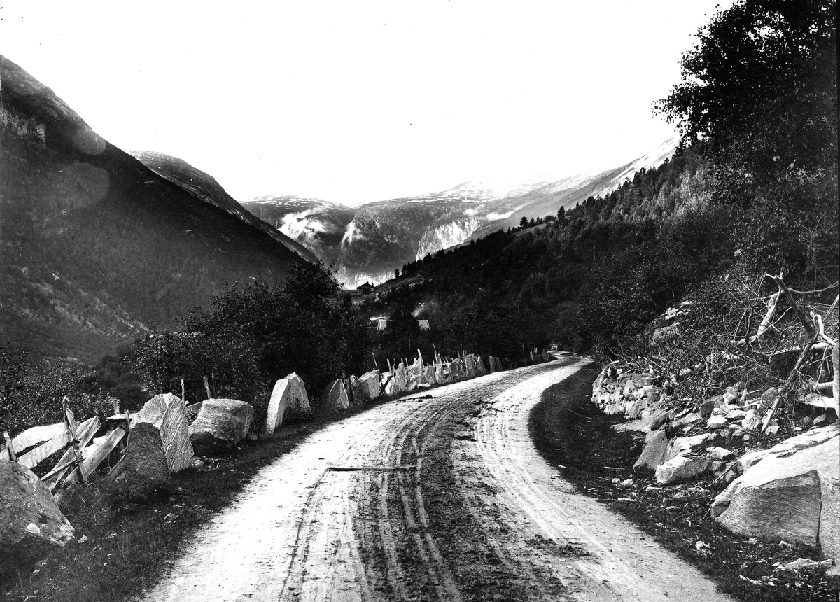 Landskap, ukjent sted. Veiparti i forgrunnen med stabbesteiner og skigard. Fjellheim i bakgrunnen. Del av Den Norske Turistforenings samling landskapsbilder, de fleste tatt av fotografene Brødrene Brunskow.