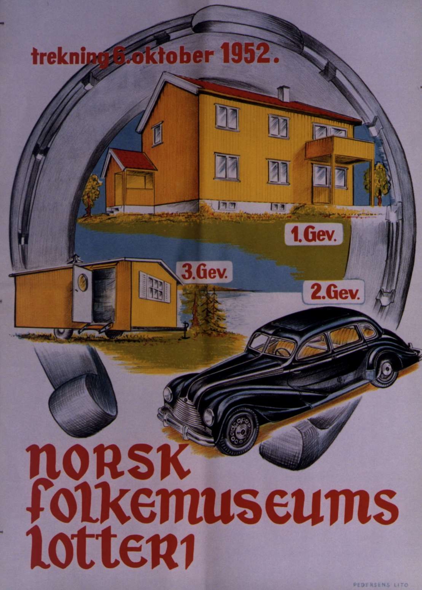 Plakat. Lotteri på Norsk Folkemuseum i 1952.