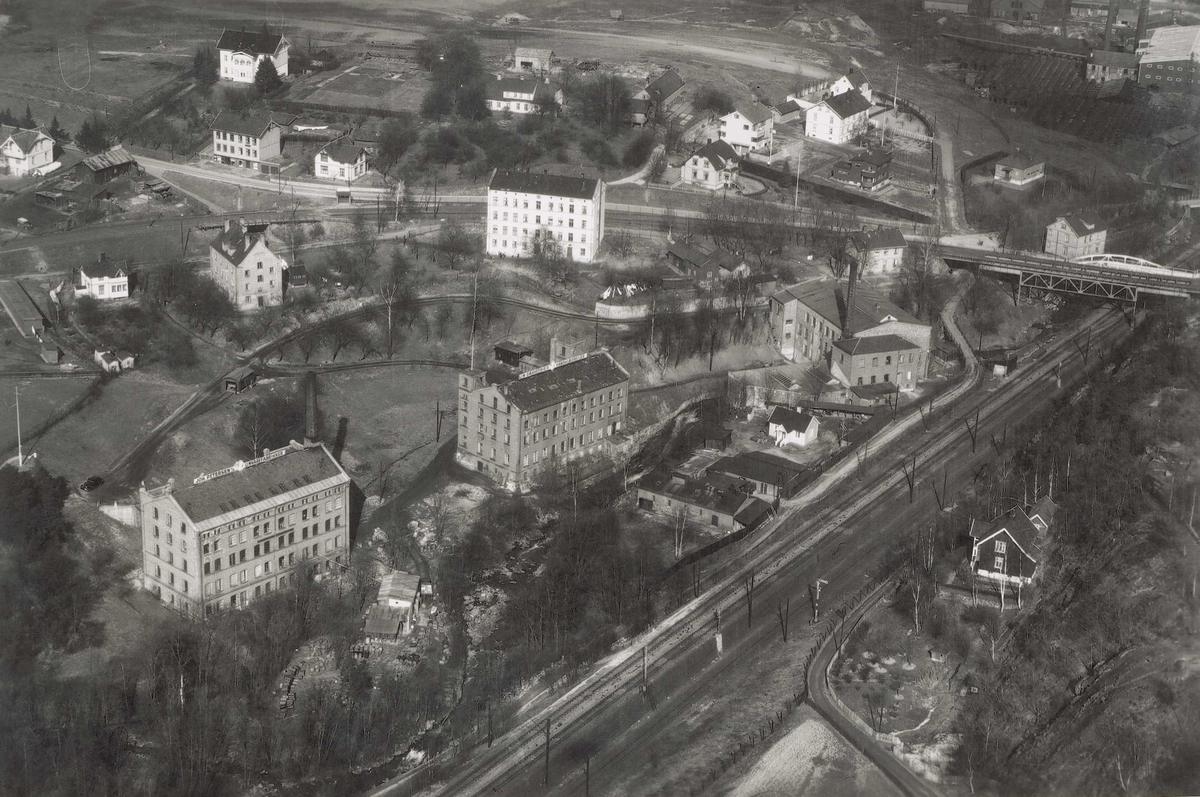 Bygninger ved A/S Joh. Petersens Linvarefabrik. Forstadsbane, jernbanespor, boliger og gartneri.