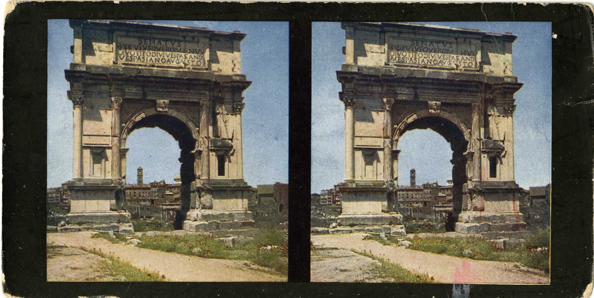 Stereoskopi. Titus triumfbue på Forum Romanum, Roma, Italia..