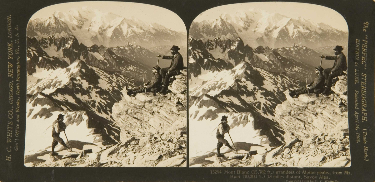 Stereoskopi. Menn raster på Mont Buet, utsikt mot Mont Blanc, Frankrike.