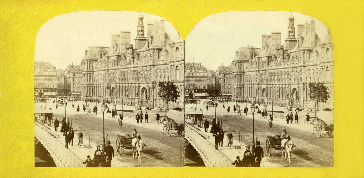Stereoskopi. Bygate med rådhus, bro  og hestetransport. Hotel de Ville, Paris, Frankrike.