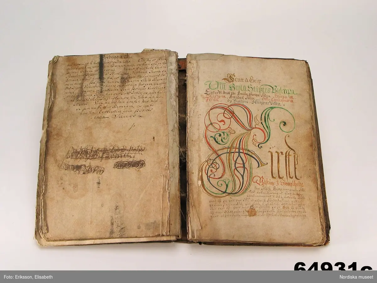 Huvudliggaren:
"Handskrift fr. Island.
a) Den gamla Jonboken (lagbok), afskrifven i Pikk(u)aboe [se huvudliggaren] 1622, uppgift af R.A [Rolf Arpi]; med målade initialer m.m.. Ej inb. Kvarto (storlek) Innehåller 130 blad.  Mycket söndrig, början och slutet saknas.
b) samma bok, afskrift, inb. i skinnklädda pärmar; kvarto [storlek], Innehåller 222 blad, hvaraf 4 blanka. Några blad söndriga och lagade i kanten. 
c) Eyrbyggia redur Förnesinga Saga, inb. i rödaktigt pergament; folio. innehåller 114 blad, hvaraf 2 blanka. Slutet saknas.
Ink. af prästen Helgi Sugurdsson i Akranes, Island, jämte 64.928-65.103 [...] ank. 27/1 1888. Bil. 34.1889."