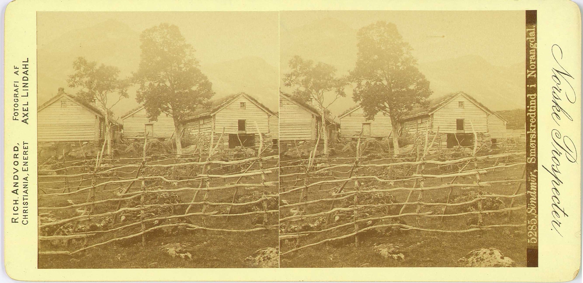 Smørskredtindane, Stranda, Møre og Romsdal, ant. sett fra Norangsdalen. Gårdstun med tomme hesjer i forgrunnen.
Fra fotograf Axel Lindahls (1841-1906) serie stereofotografier, "Norske Prospecter".