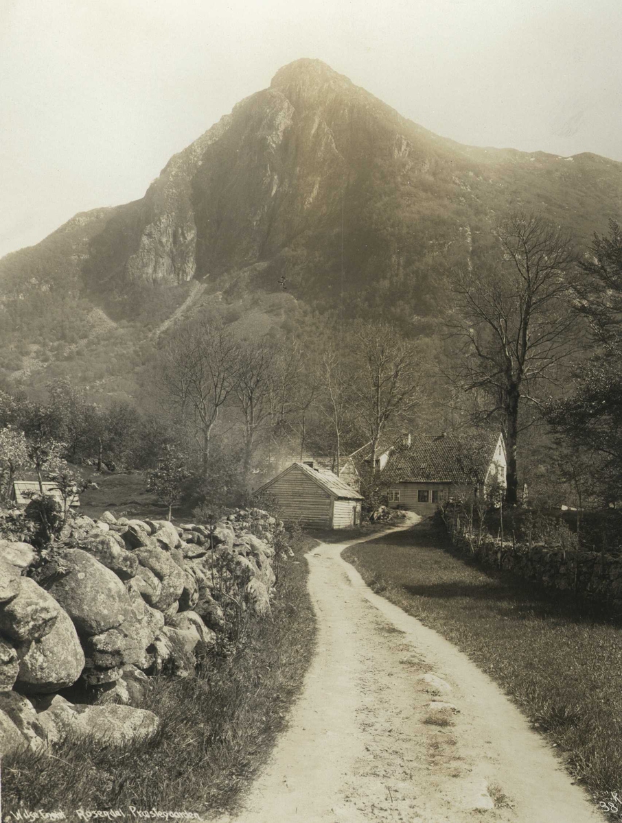 Prestegård, Baroniet Rosendal, Kvinnherad, Hordaland. Malmangernuten i bakgrunnen. Fotografert 1912.