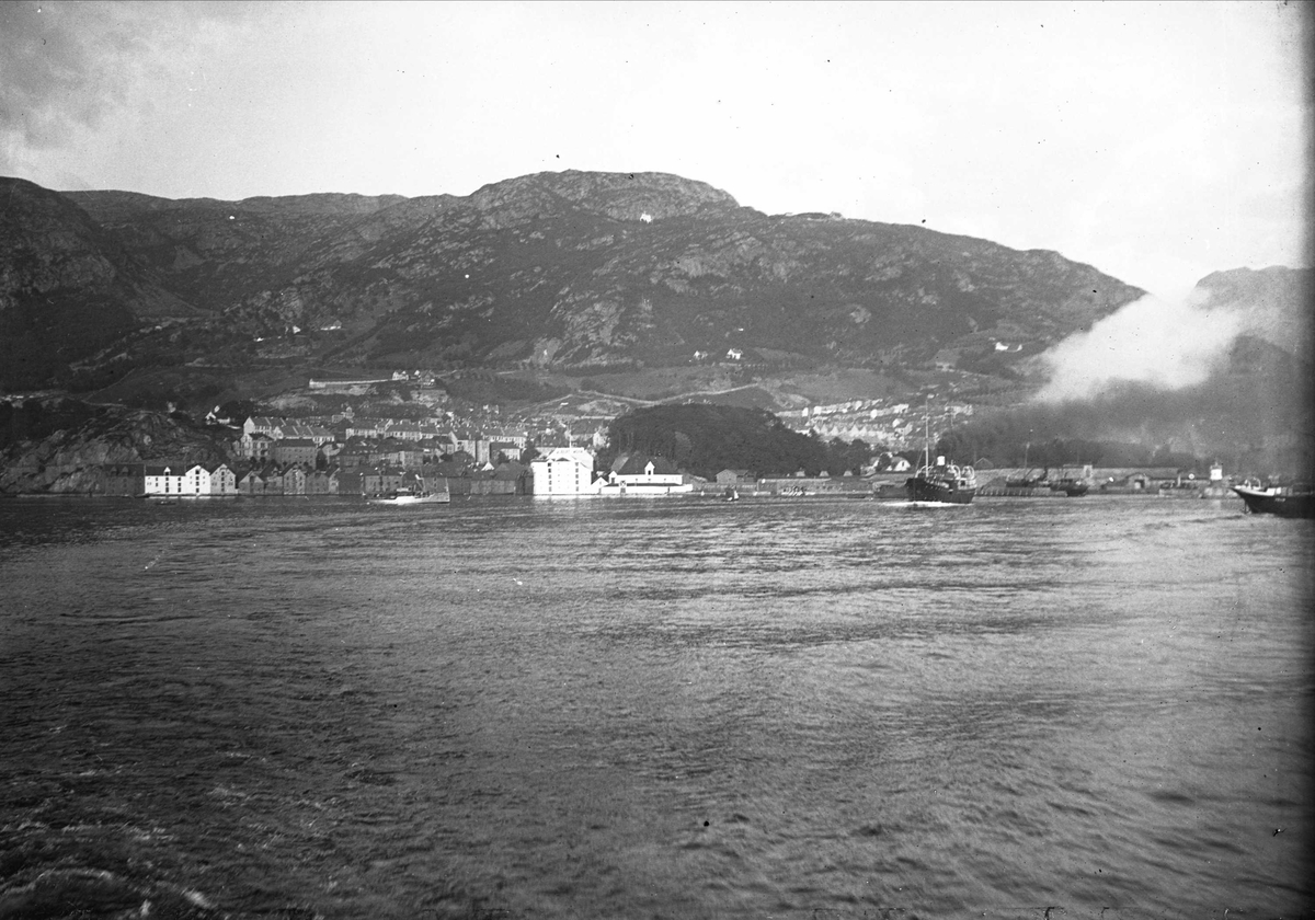 Båter, havneanlegg og bygninger. By ved kysten mot fjellet, tatt fra båt. Bergen? Bilde fra reise med båt til Trondheim. 1902.