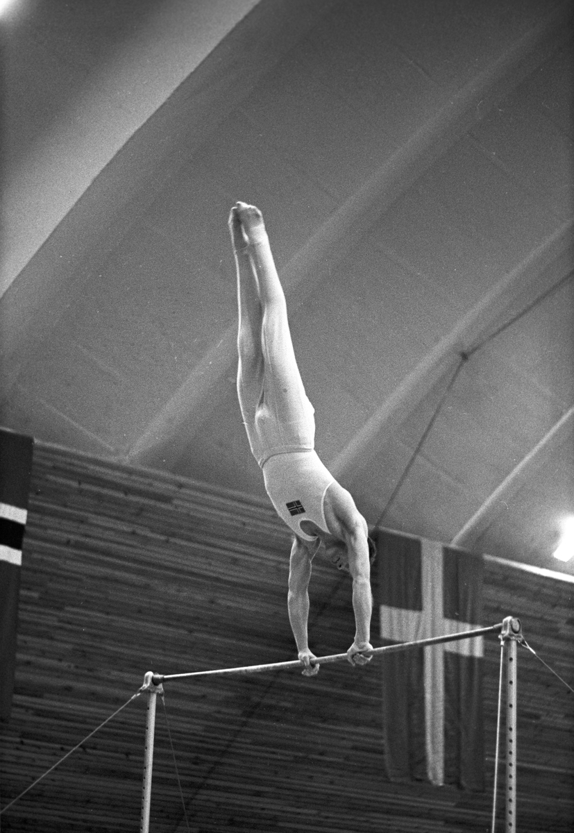 Serie. Nordisk Mesterskap i turn for herrer i Njårdhallen i Oslo, herrer i bøylehest og svingstang. Fotografert desember 1961.