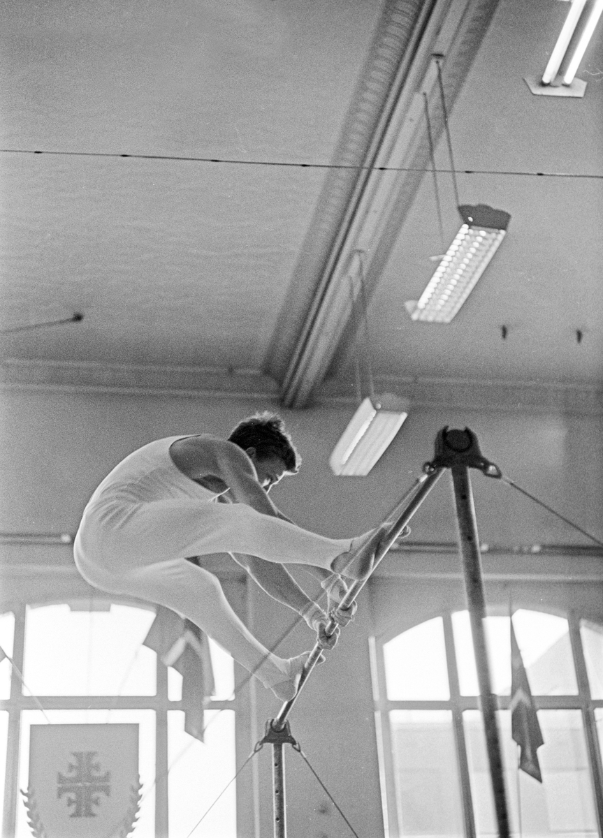Serie. Turnstevne, menn i bøylehest og svingstang. Fotografert mars 1965.