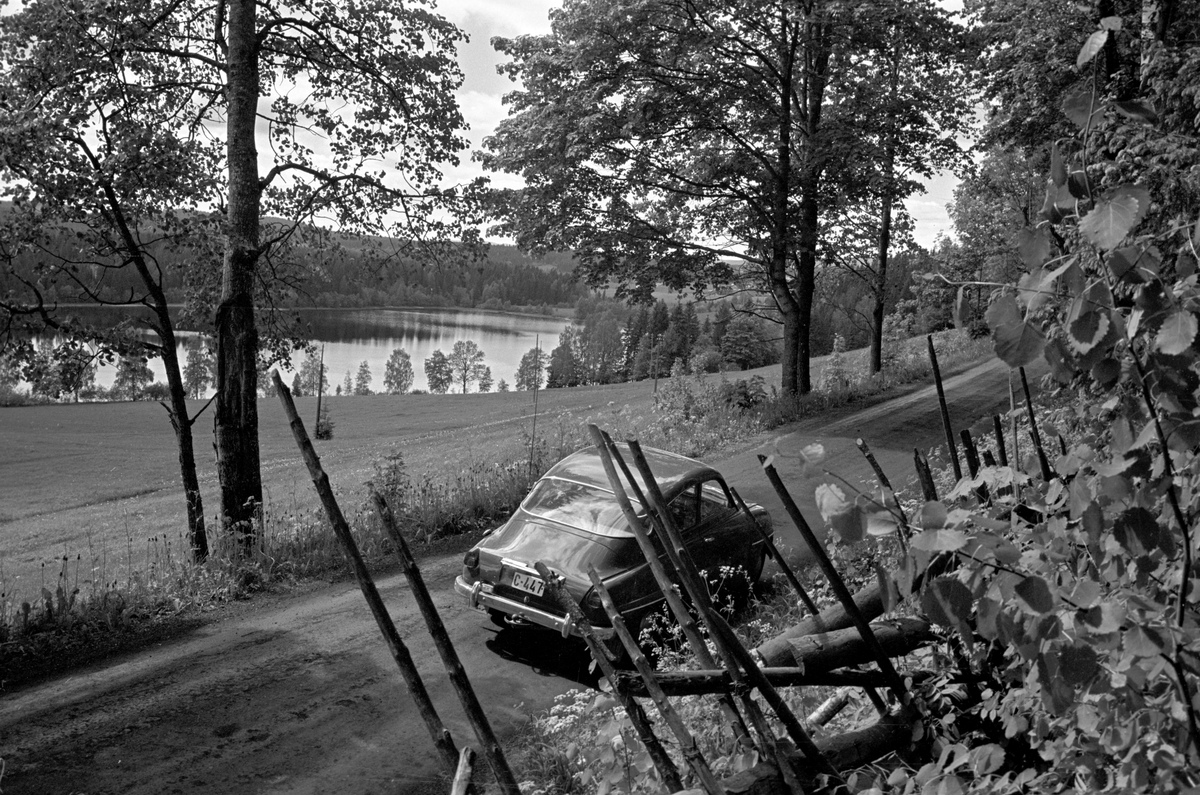 Serie. Søndagstur med Saab på Gamle Drammensvei, antagelig på vei mot Lier, Buskerud. Fotografert juni 1962.

