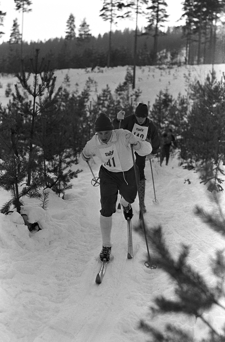 Skiløpere med startnummer 141 og 142 i sporet under NM i langrenn for juniorer på Eidsvoll 1963.