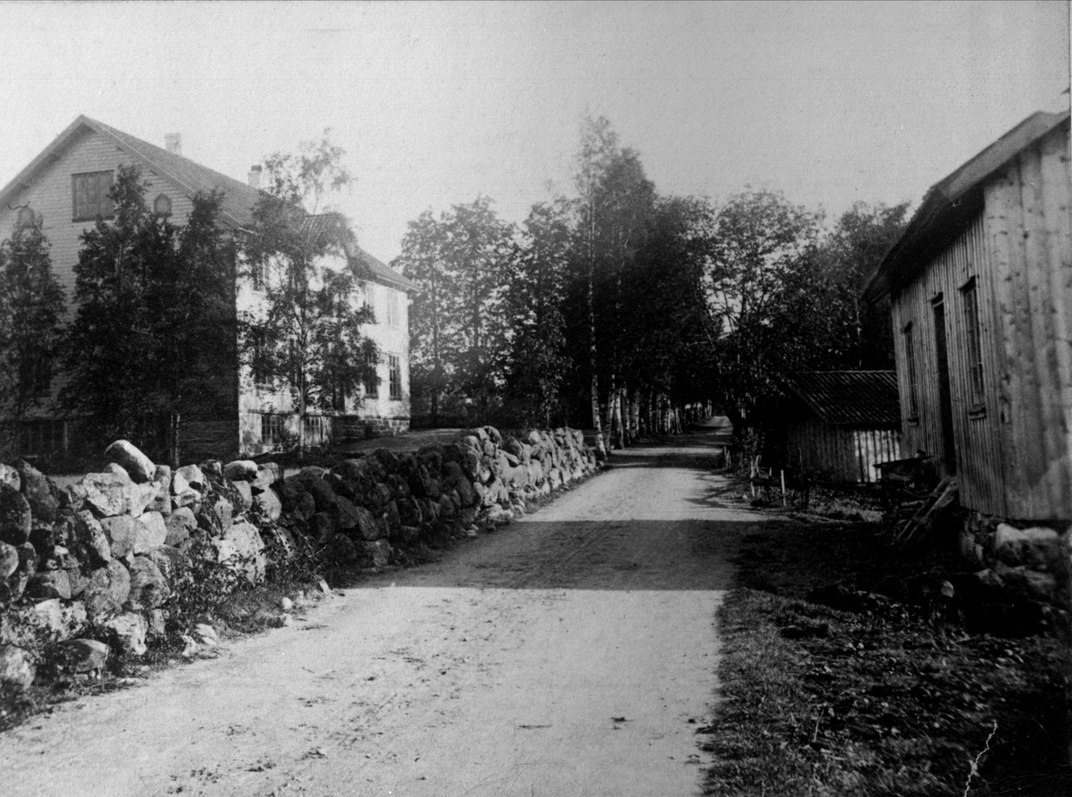 Avfotografering. Landevei, steingjerde, bebyggelse.