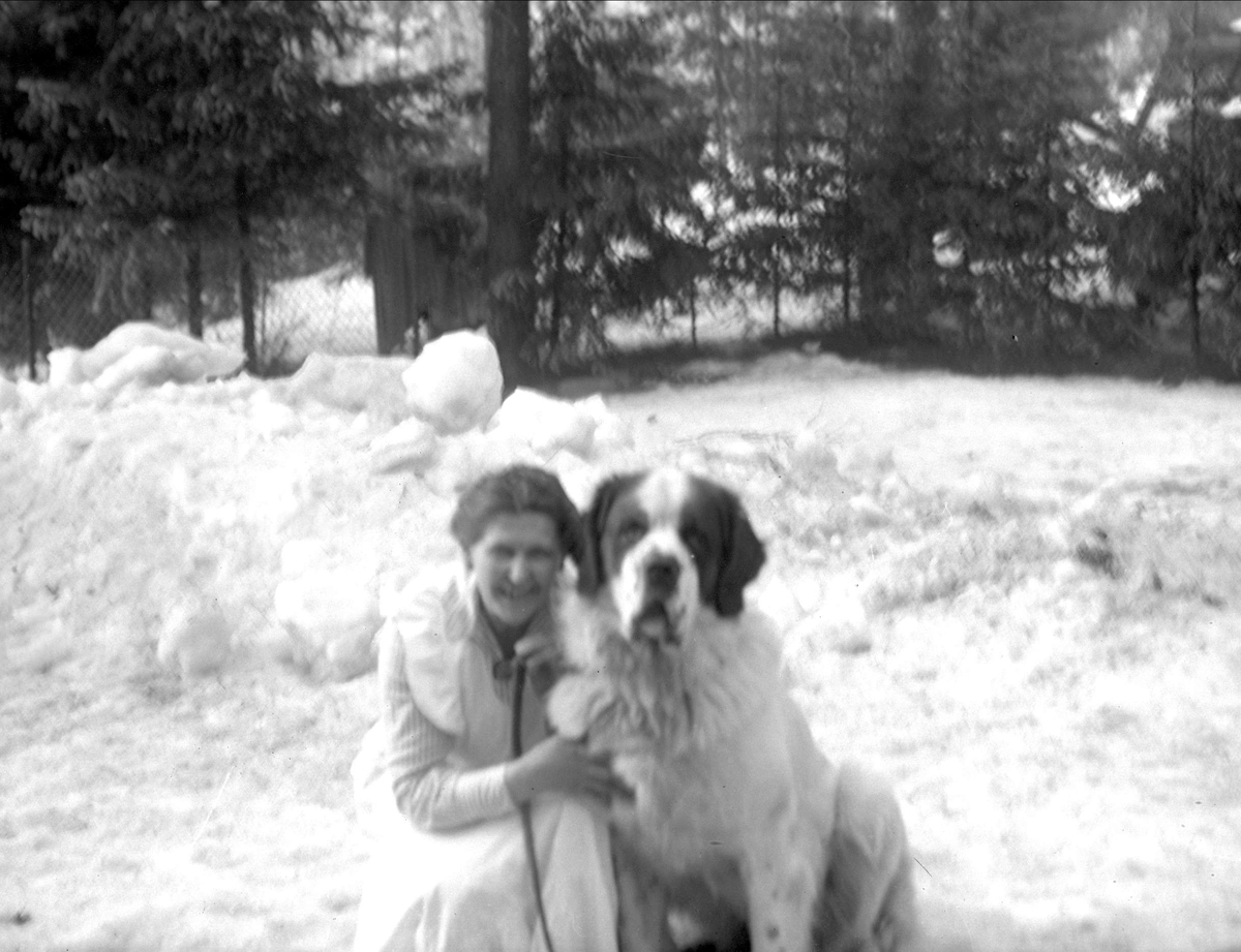 Gruppeportrett, kvinne med hund utendørs. Fanny Schjelderup med en St. Bernhard.