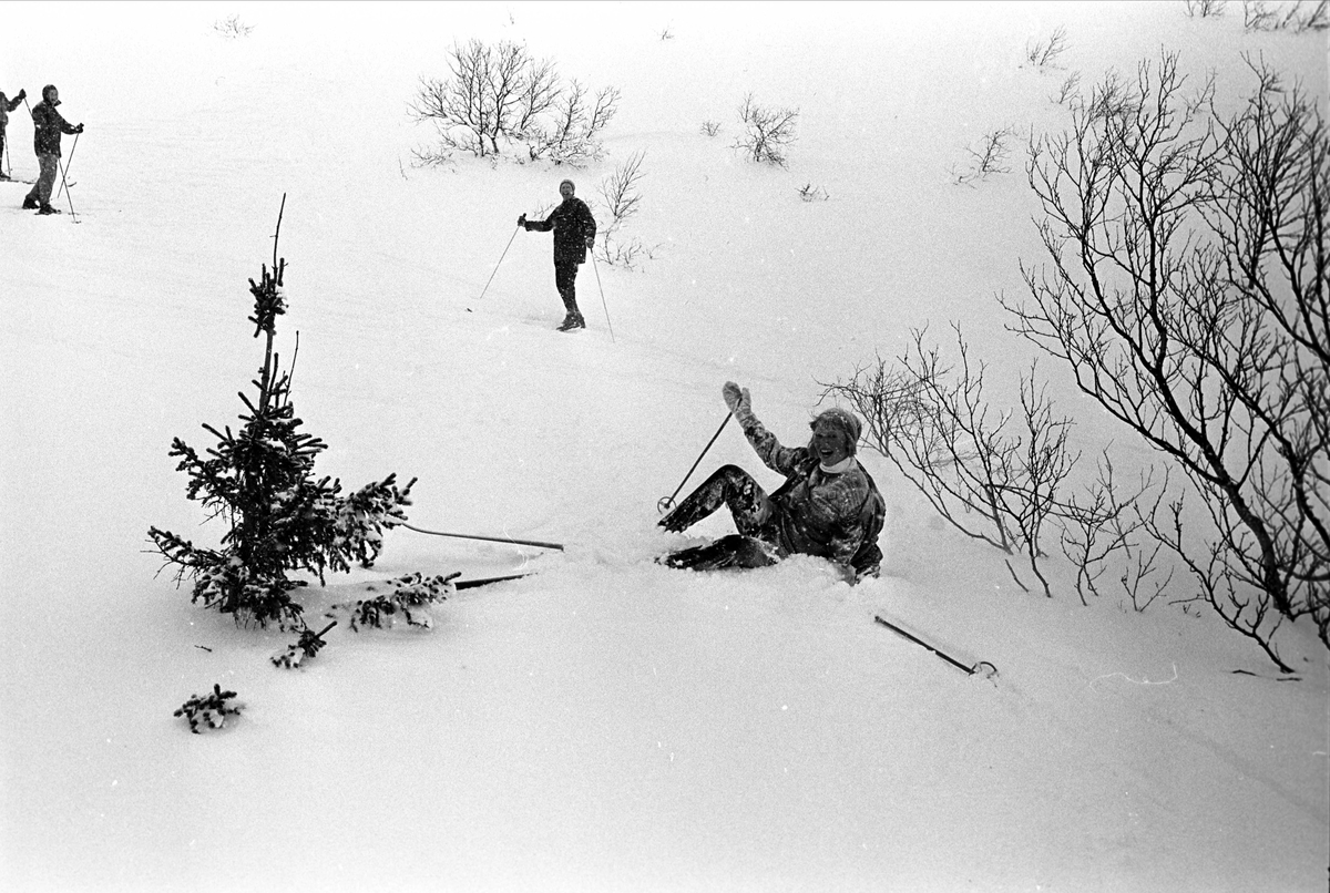 Tempelseter, Sigdal, februar 1965. Haldis Nergaard med familie på ski