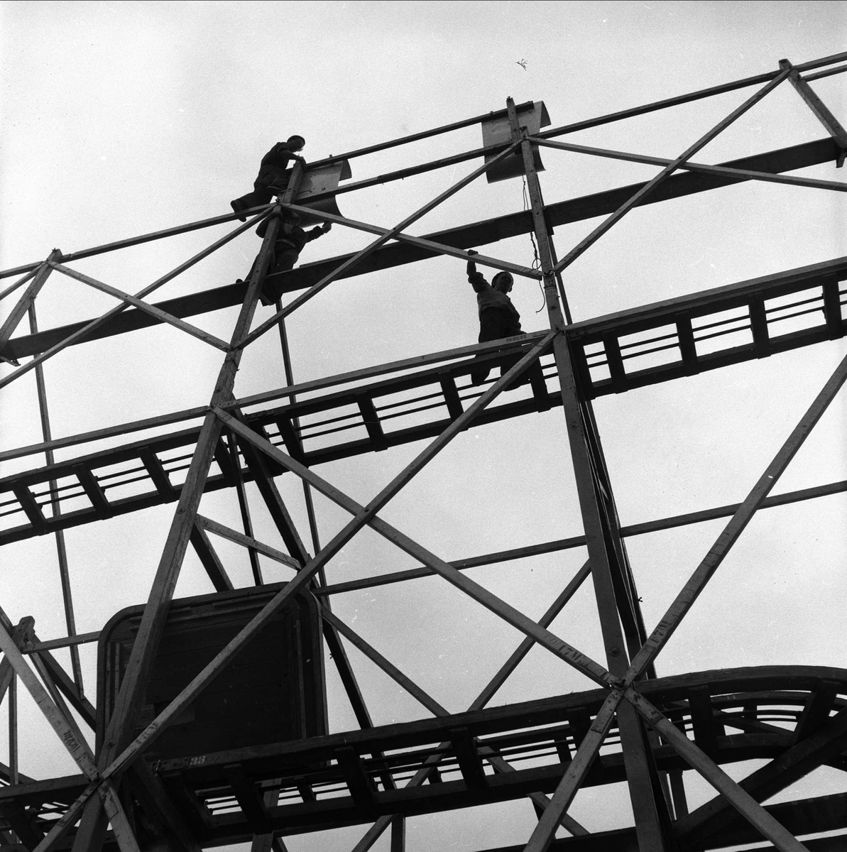 Fra Hortens 100-års jubileum, juli 1958. Menn arbeider i stilasje.