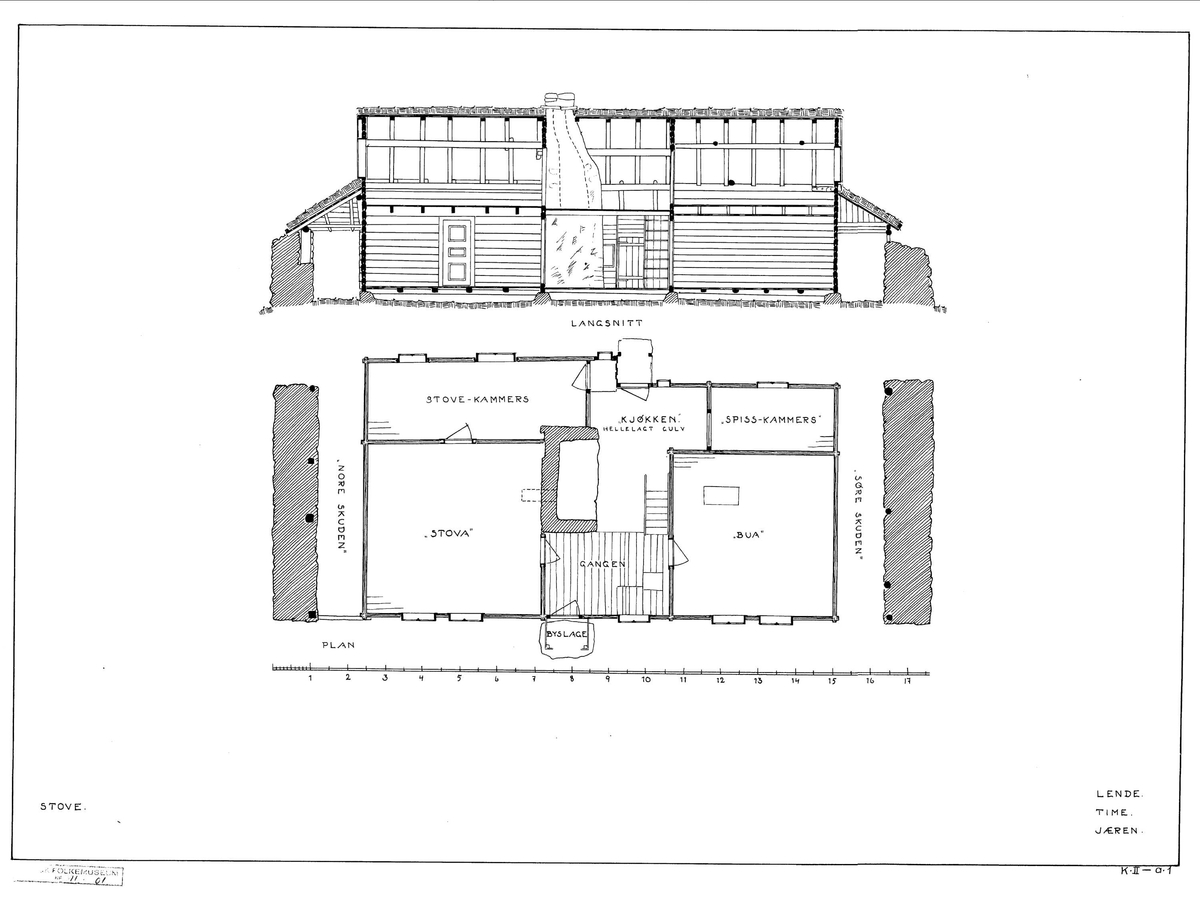 HUS FRA LENDE I TIME, 1845 
Overført til museet 1938, gjenoppført 1939 

Huset fra Lende er et for sin tid karakteristisk bolighus – et forholdsvis lite, hvitmalt hus, en og en halv etasje høyt, som hviler på et lavt gråsteinsfundament. Taket er tekket med torv. De to sideskutene ble brukt til lagring av torv til brensel. Kledningen er liggende panel, såkalt vestlandspanel. I følge lokale tømmermenn var denne typen panel praktisk når de nederste bordene måtte byttes ut på grunn av råteskader. På fasadeveggen er vinduene sammenkoblet to og to, og som alminnelig var, er de ikke symmetrisk plassert på hver side av inngangsdøra. Foran døra er det et lite bislag. 
Innvendig har huset en symmetrisk grunnplan. Midtpartiet består av en gang, og bak den, uten skillevegg, kjøkkenet, med tilstøtende spiskammers. Fra gangen går dører inn til stue og bu. I flukt med stua ligger et stuekammers, med gjennomgang også til kjøkkenet, og med to dører ut, til baksiden av huset. Som skikken var har huset kun én ovn til oppvarming, nemlig en bileggerovn i stua. Trappa opp til loftet er i gangen. Var det trangt om sengeplasser, kunne både barn og tjenestefolk sove på loftet. 

(Tekst hentet fra By og bygd 43, 2010)

