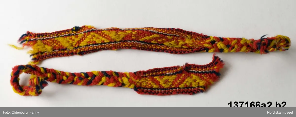Huvudliggaren:
"Pjäxor, ett par, för kvinna, av garvad tennhud med rester av röda och gula skoband, lappsko."

a:1, b:1) pjäxor
a:2, b:2) Skoband
