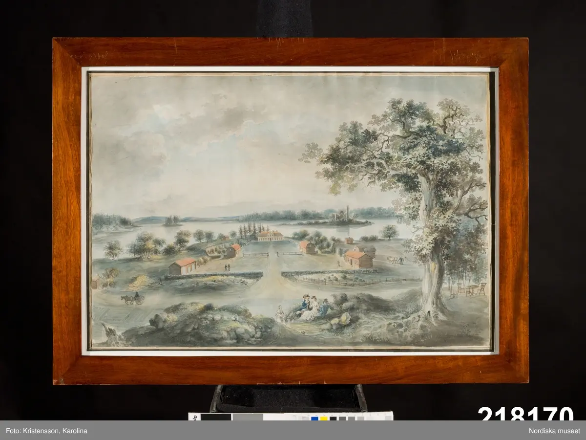 Landskap med herrgård och figurer.