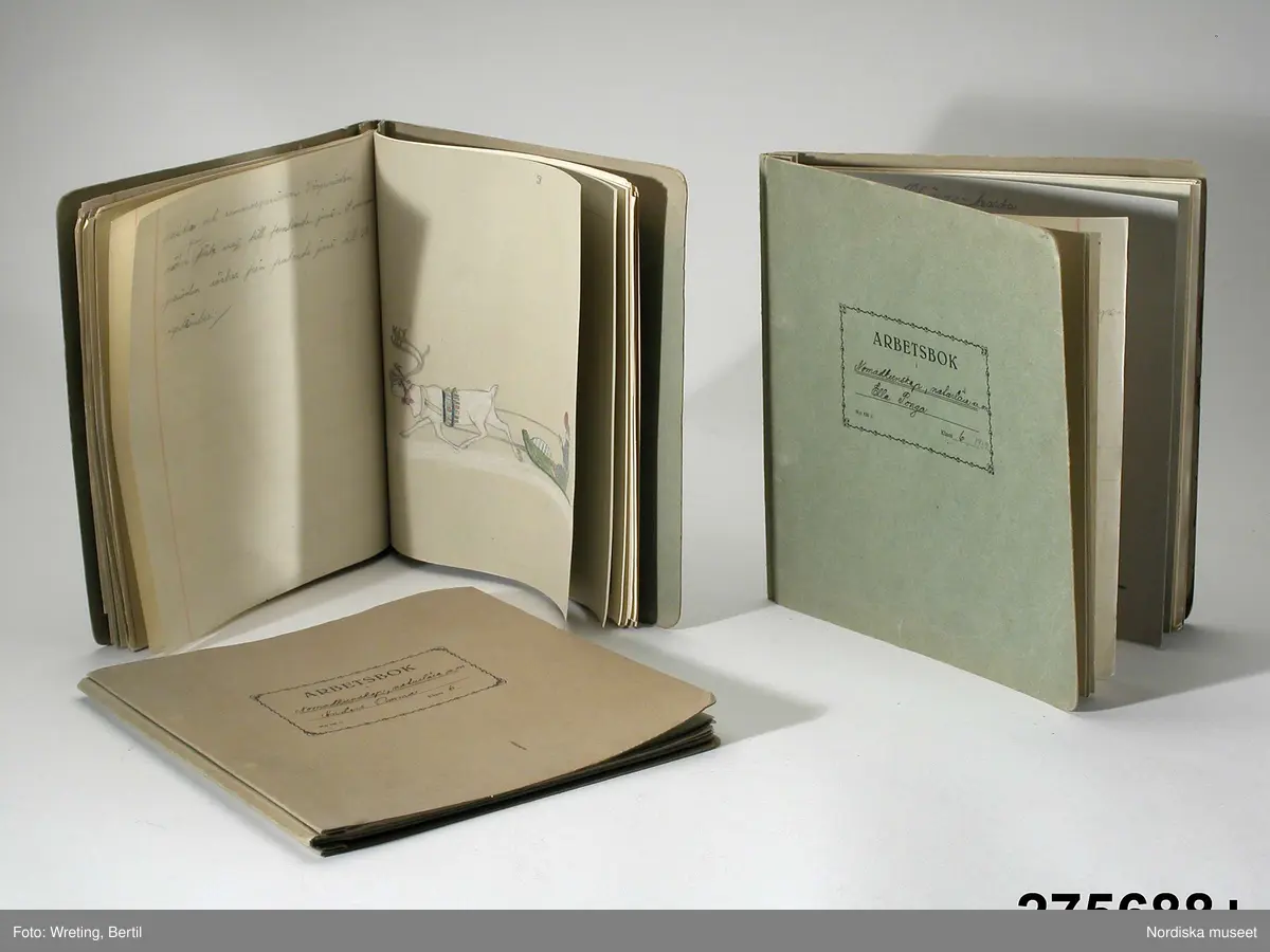 Huvudliggaren:
"+ Arbetsböcker, 8 st, gröngrå pappomslag; ämnen Hembygdskunskap, nomadkunskap, naturlära, geografi, historia; årtal 1939; namn på framsidan: 'Anna Maria Ponga, Johannes Nutti, Lars Tomma, Nils Henrik Valksapää, Nils Anders Ponga, Ella Ponga, Ola Blind, Anders Omma'. G[åva] 1/7 1966 [av] Svenska Skolmuseet, Stockholm."