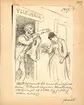 Teckning av Fritz von Dardel, daterad 1887, föreställande en man  och en kvinna utanför en butik som säljer yllevaror. Mannen håller upp en väst i handen.  Bildtext 