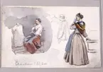 Aachen 1872. Sittande och stående kvinna. Akvarellerad skiss av Fritz von Dardel