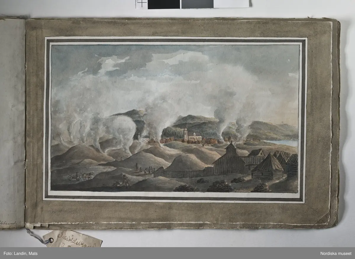 Album med titeln "Resan till Dalarna 1794". Akvareller utförda av greve Anders Fredrik Skjöldebrand (1757-1834) Falu koppargruva