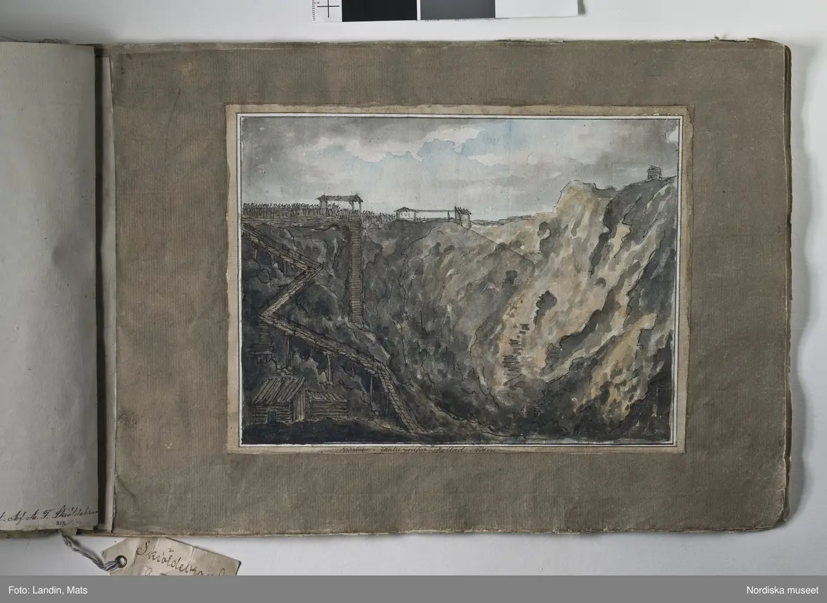 Album med titeln "Resan till Dalarna 1794". Akvareller utförda av greve Anders Fredrik Skjöldebrand (1757-1834) Falu koppargruva