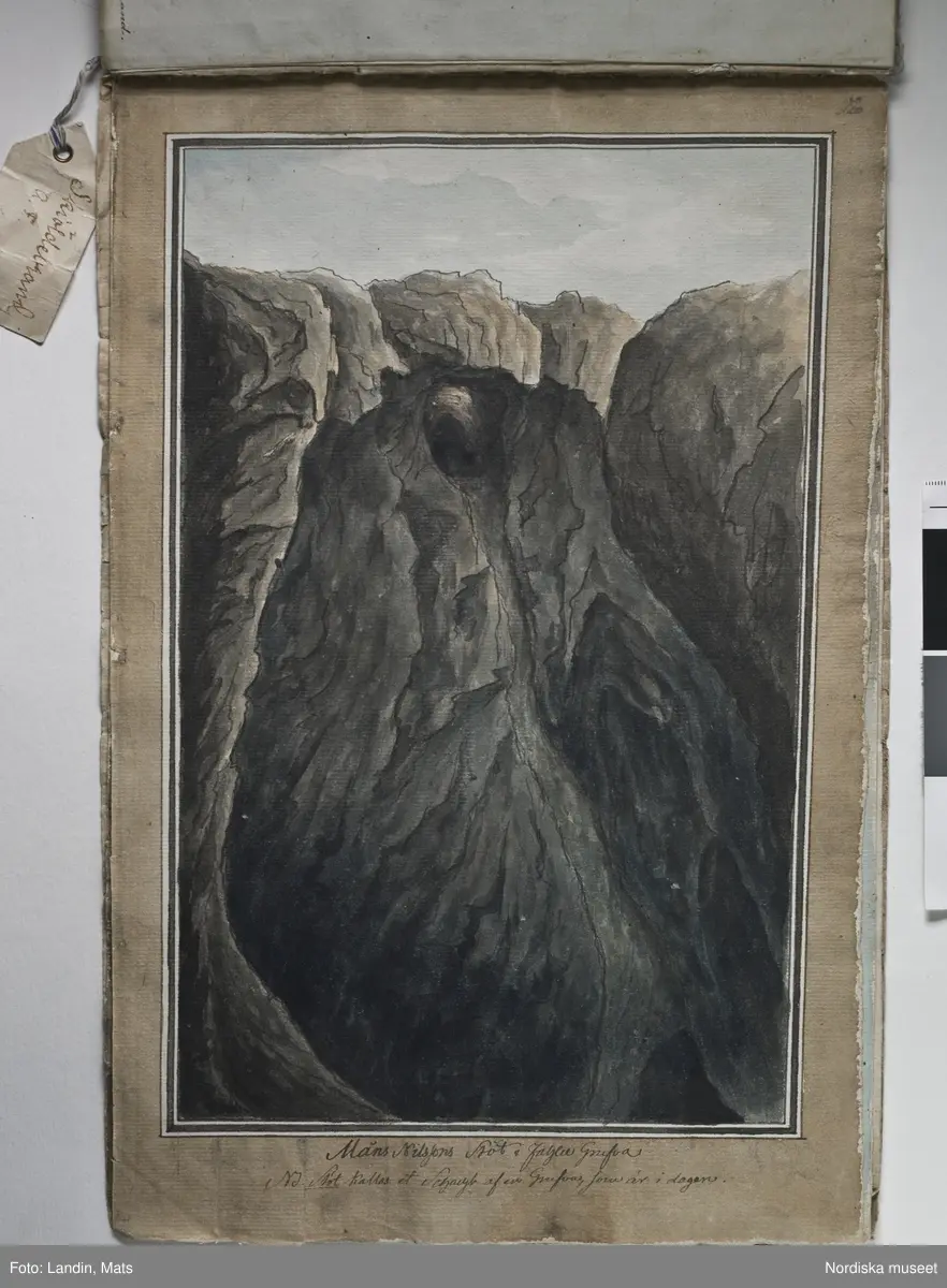 Album med titeln "Resan till Dalarna 1794". Akvareller utförda av greve Anders Fredrik Skjöldebrand (1757-1834) Falu koppargruva