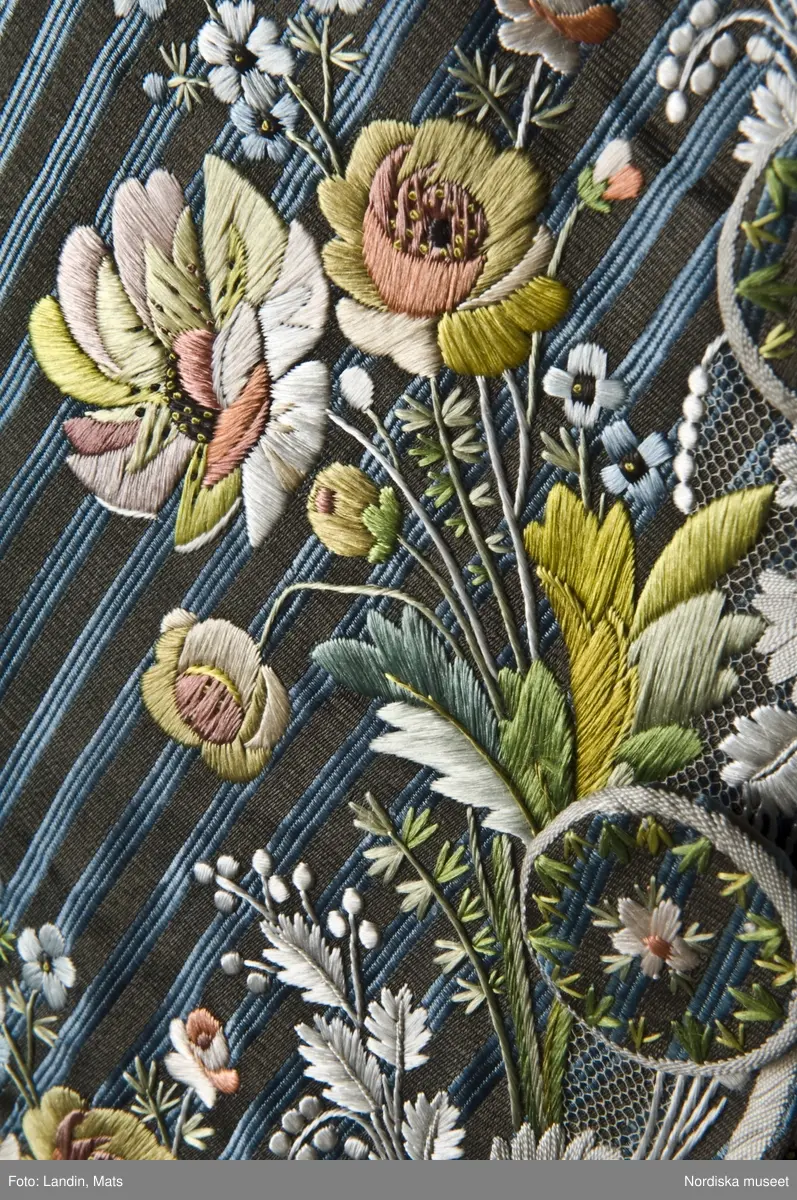 Mansdräkt med rock och väst i broderat siden. Tillverkad i Frankrike omkring 1785. Har burits av Axel von Fersen d.y. Nordiska museet inv nr 154745.