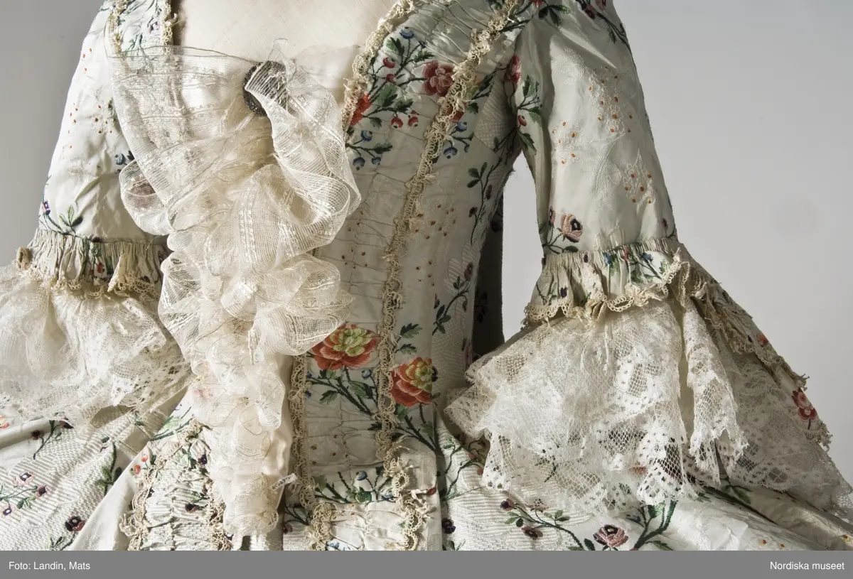 Dräkt av sidenbrokad, 1700-talets mitt. Nordiska museet inv nr 173609.