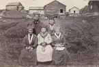 Gruppbild. Fem kvinnor framför timrade byggnader i Ammarnäs juli 1871.