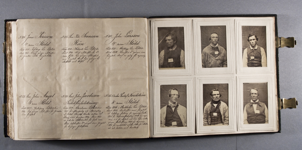 "Photografiskt Album för år 1861 öfver fångar förvarade å Warbergs fästning".  Samt i samma album : "Photografiskt Album för år 1861 öfver fångar förvarade å Landskrona fästning".