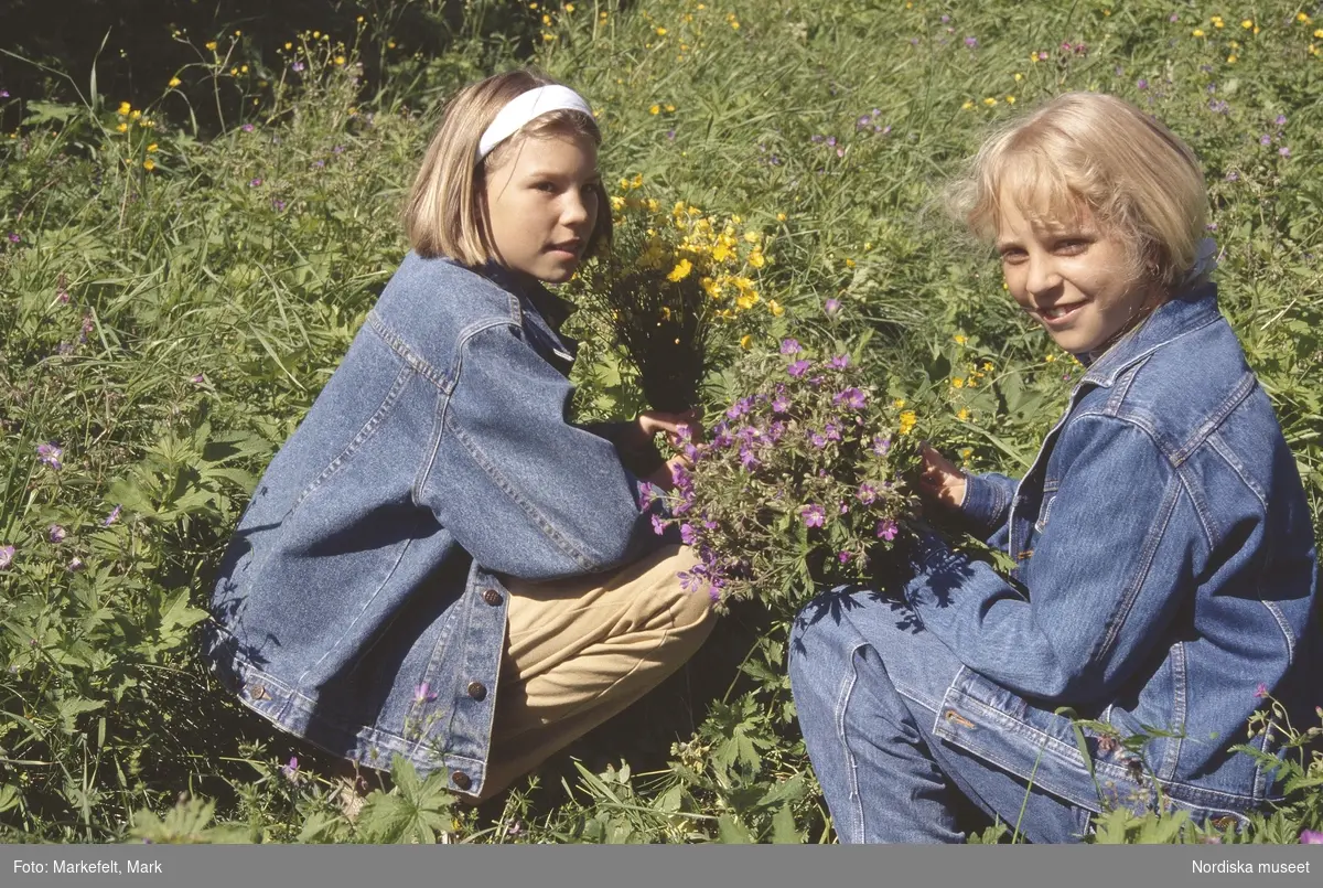 Midsommar, Dalarna. Midsommarafton i Boda. Flickor plockar blommor till majstången.