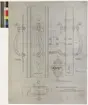 Ritning på väv över Nordiska museets huvudbyggnad. Ritning till
handtag av smidesjärn för kansliflygelns ytterport. Naturlig storlek.
Konstruktion. Handtag, Kansliflygeln och Norra porten. 79x60,5 cm. Tusch, rött, blå och gul färgpenna. Linjalritning. Osignerad.
