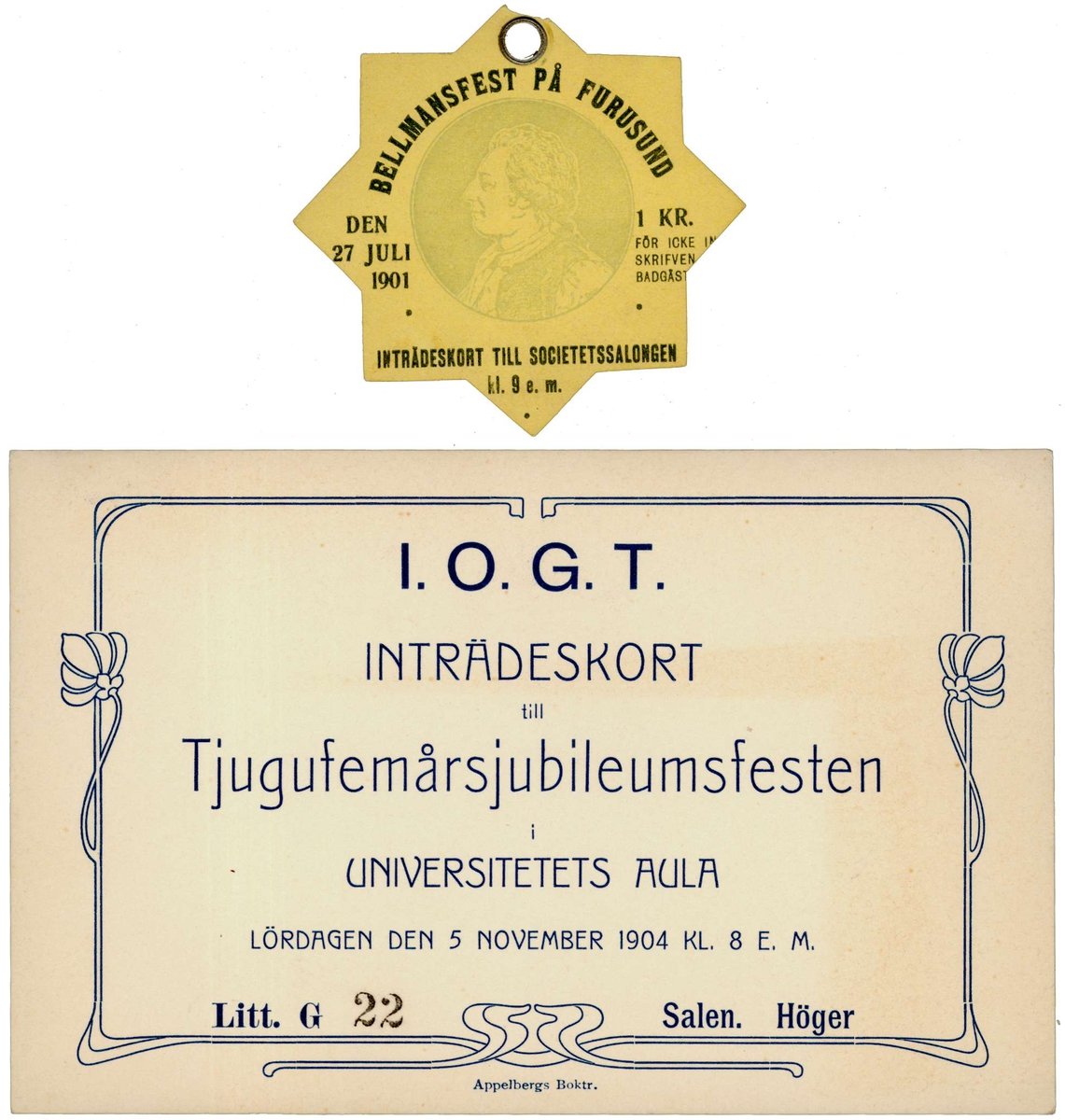 Nio inbjudningskort och inträdeskort från åren 1887-1904.