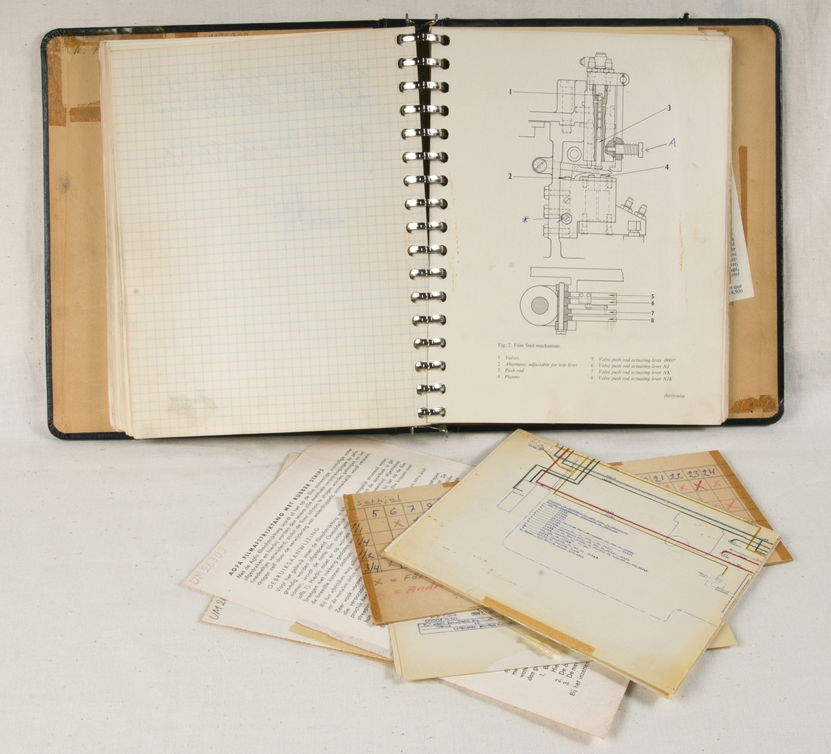 Handbok: Svart ringpärm av tjock papp och med metallinsats. Texten på utsidan är i guldfärg. Handboken har titeln "Operating a 'Monophoto' Filmsetting Machine, PART 2". På försättsbladet står bland annat "THE MONOTYPE CORPORATION LIMITED Registered Office: Monotype House, 43 Fetter Lane, London, E.C.4 Head Office and Works: Salfords, Redhill, Surrey". I pärmen ligger flera lösa blad, däribland några ritningar. Några lösa blad verkar ha varit fasttejpade på olika sidor i pärmen.