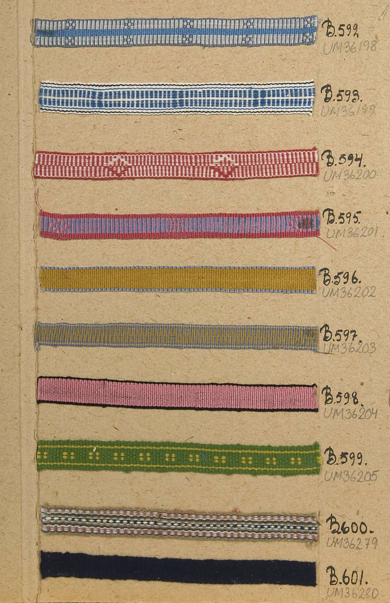 Vävprov av mönstrat bomullsband i grönt och gult. Bandet har nummer B.599.
