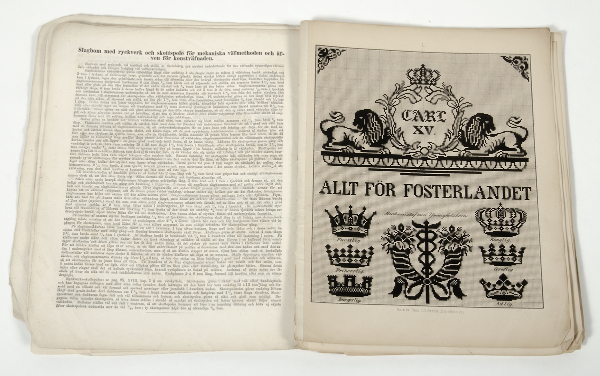 Vävbok. På bokens försättsblad står "LÄROBOK I NY, PATENTERAD KONSTVÄFNAD FÖR ALLA SOM IDKA HUS-VÄFNADSSLÖJD, [...] Utarbetad af Lovisa Nylander. (Lärarinna i konstväfnad.), STOCKHOLM, Sigfrid Flodins boktryckeri, 1872."
Boken är märkt "A.1402".

Vävboken saknar bokpärmar. Sidbladen är delvis lösa och hörnen är skadade.