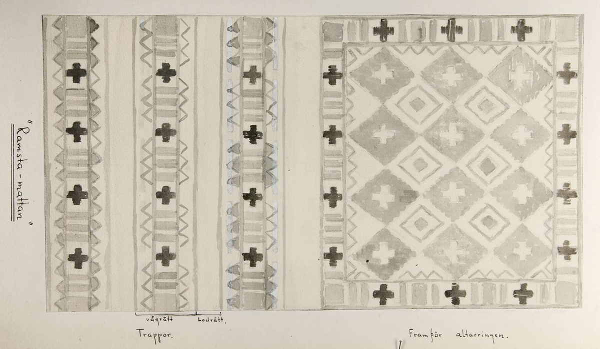 24 skissförslag till röllakansmattor och ryamattor. Skisserna är gjorda med vattenfärg på papper som sedan klistrats upp på 19 pappskivor. På pappskivorna finns information om att formgivaren heter Ingrid Skerfe-Nilsson. Ibland finns även information om vad skissen heter och när den är gjord: "Grön ripsruta" från 1948, "Midsommarkrans", "Spalje" från 1948, "Nygifta", "Dagny-mattan III" från 1949, "Dagny-mattan", "Kulla ruta" från 1951, "Småblommor", "Krokus" från 1946, "Bikupan", "Timglas och livet" från 1949, "Ingridmattan" från 1949, "Ramsta-mattan" från 1949, "Rabatt" från 1946, "Ostrutan" och "Rhea-mattan".