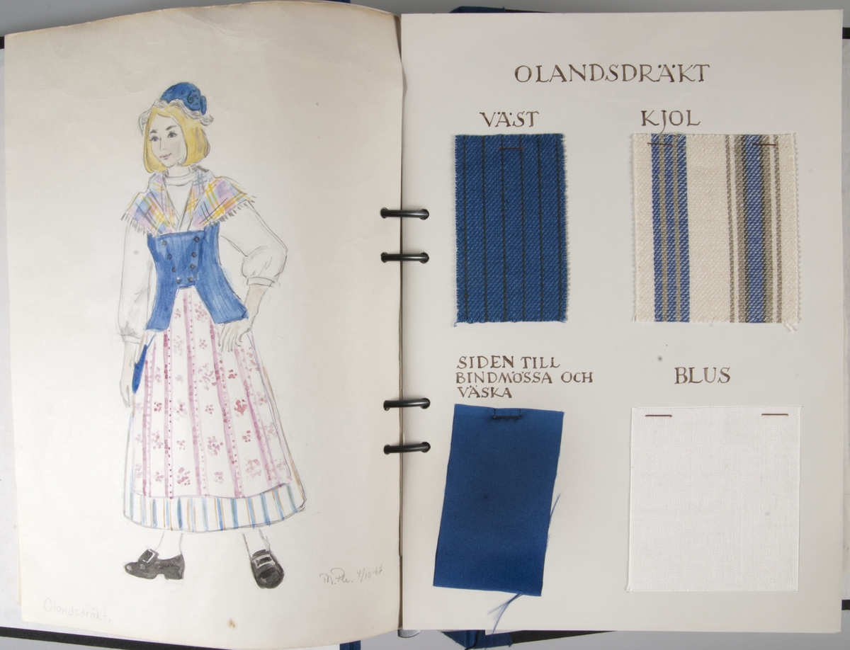 Arbetsritningar, skisser, vävprov med mera. På en del av dessa finns påskrift som anger att de är till Olandsdräkten eller till Häverödräkten.