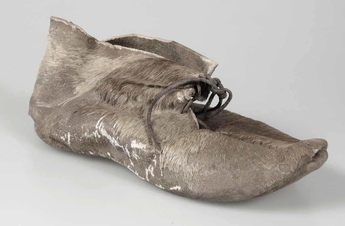 Känga tilllverkad av sälskinn som tillverkats i flera stycken. Sulan är förstärkt vid hälen av amma typ av skinn som övriga skon. Kängan stängs med hjälp av skinnremmar. Hårsidan utåt.