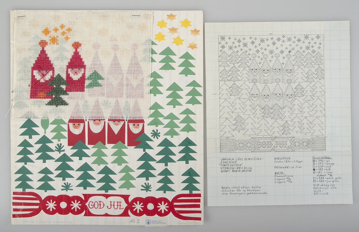 Arbetsmaterial till broderierna "Tomteskogen", "Kungsängsliljan", "Hjärtans fröjd" och "Nu tändas tusen juleljus". Se även tillhörande kopieringsunderlag till mönstrena: UM43095b och UM43095c.

Arbetsmaterialet består av tre skisser i form av collage, en akvarellskiss, två broderiprov med korstygnsbroderier, ett prov av linneväv och fyra broderimönster. I materialet anges att kompositionerna är gjorda av Monia Westin.